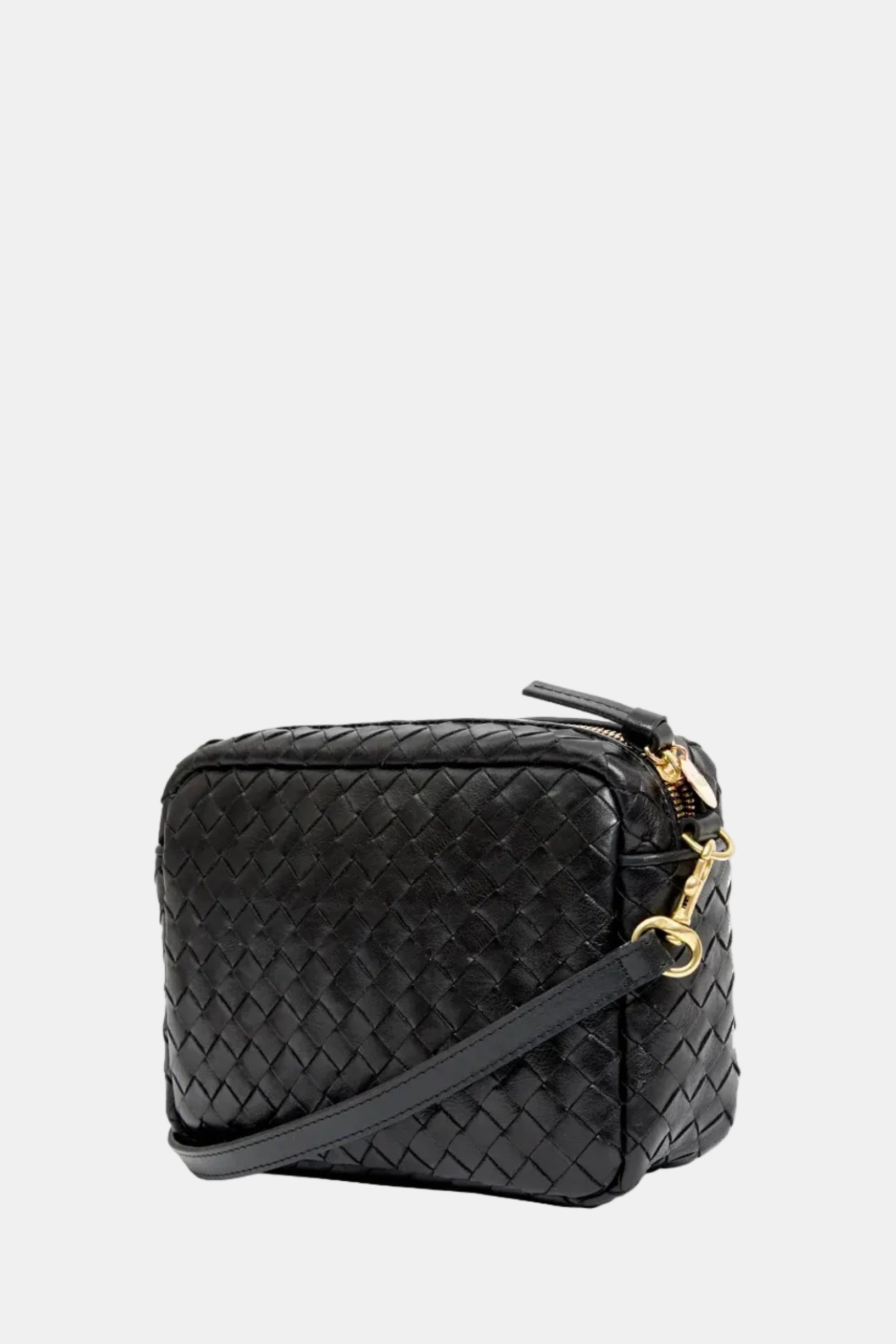 Black woven leather crossbody bag with gold-tone hardware and a matching black strap, shown on a plain white background.
