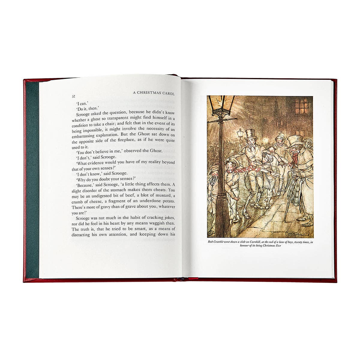 Open book with text and illustration on a white background