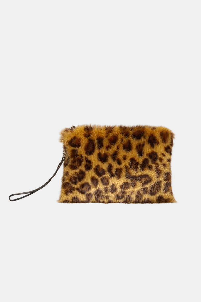 Leopard print clutch bag on a white background