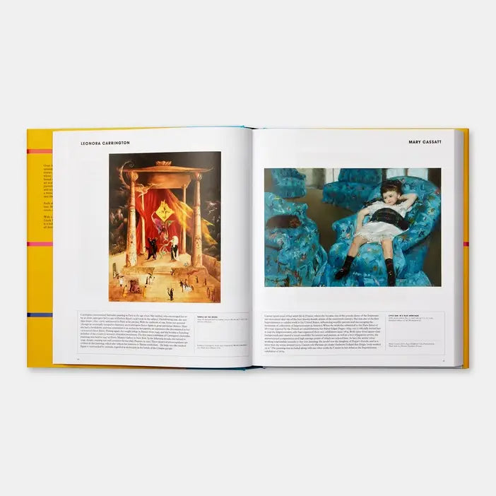 Open book showing two pages with images and text, one featuring a colorful interior design and the other with a person in a blue chair.