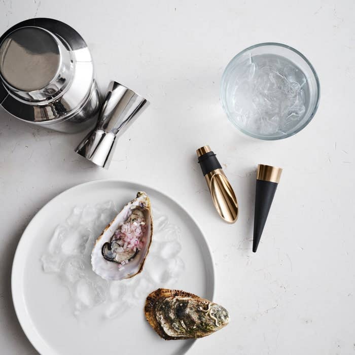 Oysters on a plate with cocktail shaker, jigger, and glass of liquid on a light surface