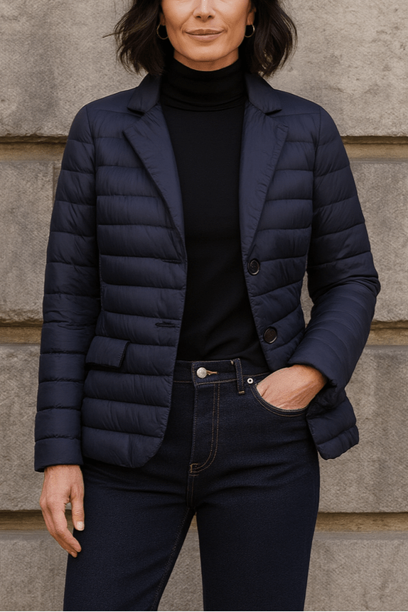 Woman wearing a navy puffer jacket against a stone wall.