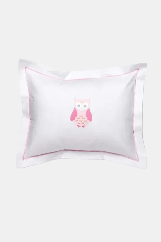 A white rectangular pillow sham with a pink border and a central pink owl applique, shown on a light gray background.