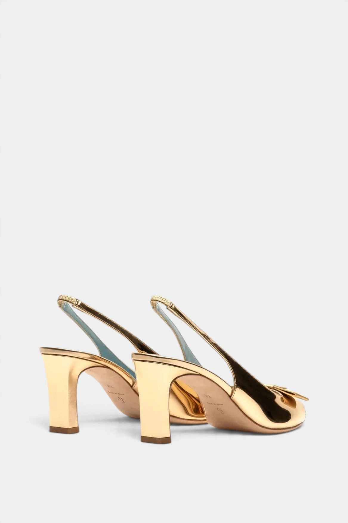 Frances Valentine Reese mirror gold leather slingback heels with satin bow detail and 2-inch block heel
