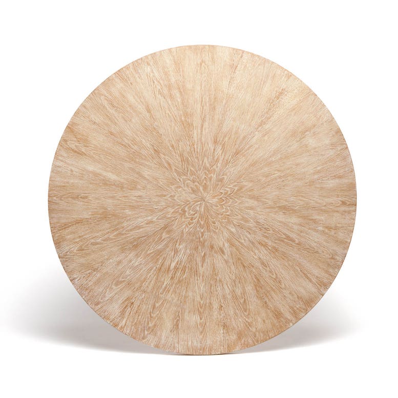 Round wooden stool with a textured surface on a white background