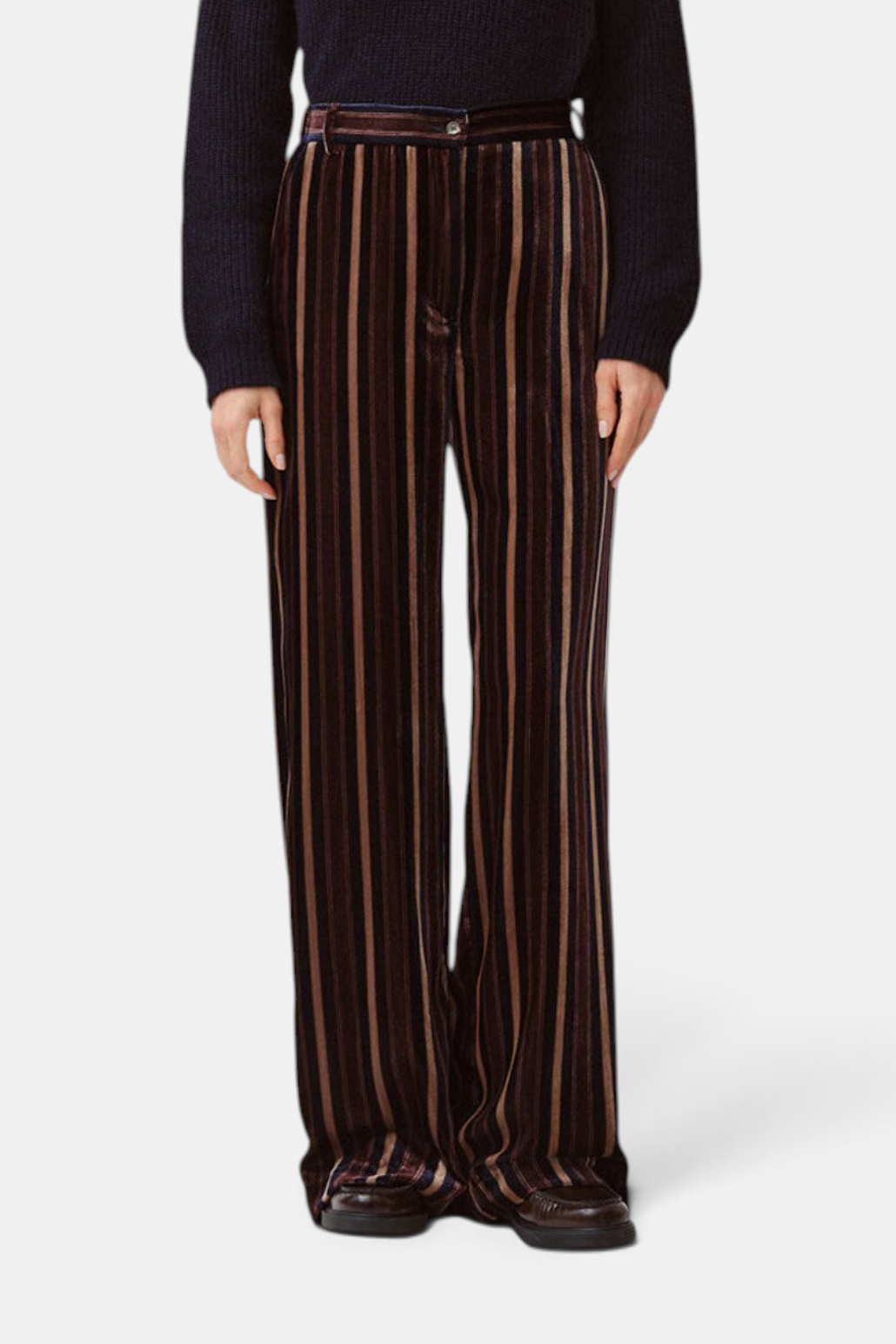 The Copper Shed Piedro trousers in brown striped velvet with a relaxed, fluid silhouette and high-waisted fit.