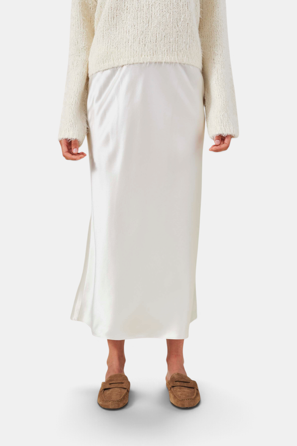The Copper Shed Ella skirt in white satin with a bias-cut silhouette and high-rise waist.
