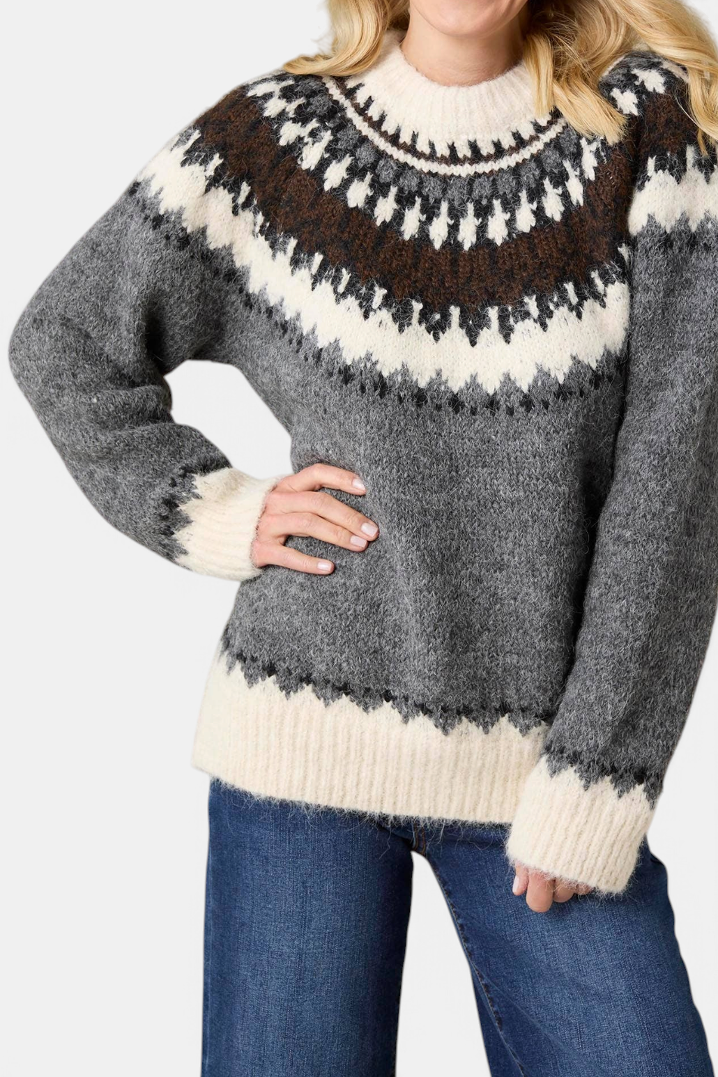 The Copper Shed Perissa heavy mock neck sweater in grey with a cream and brown Fair Isle patterned yoke.