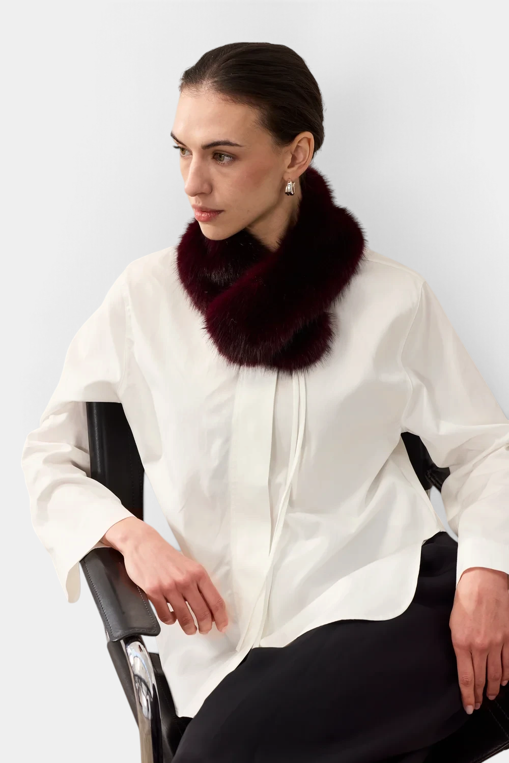 The Copper Shed burgundy faux fur vintage-style collar with magnetic fastening worn over a white shirt.