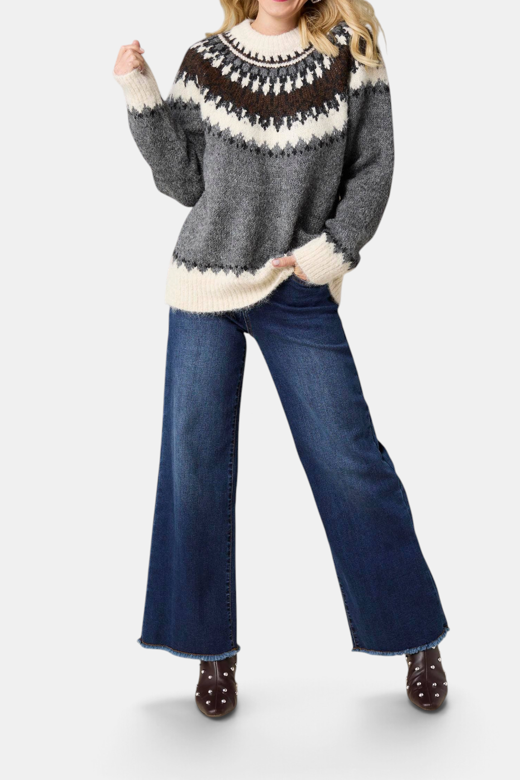 The Copper Shed Perissa heavy mock neck sweater in grey with a patterned Fair Isle yoke and cream trim.