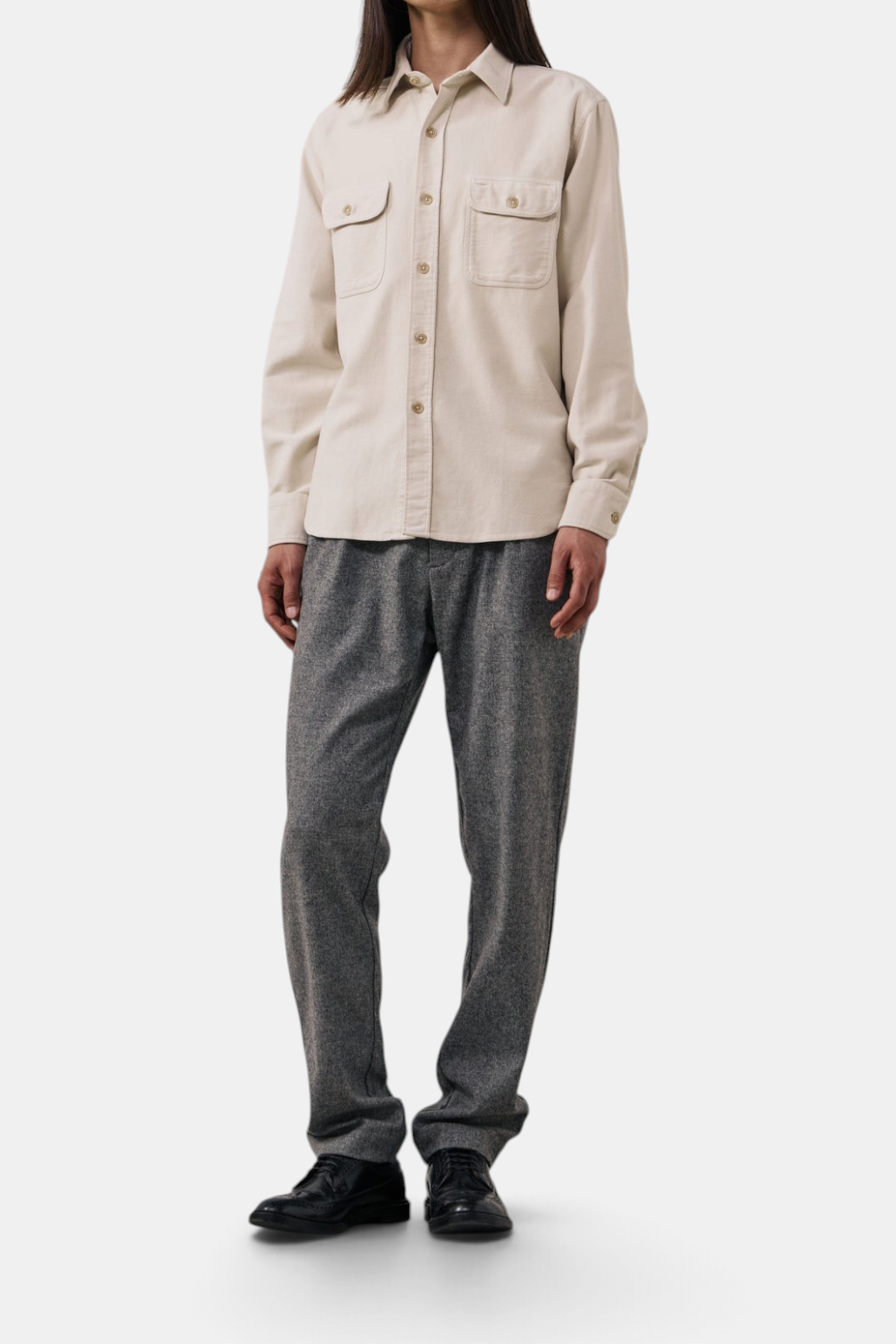 The Copper Shed Paco beige brushed cotton flannel shirt with double chest pockets and a classic collar.
