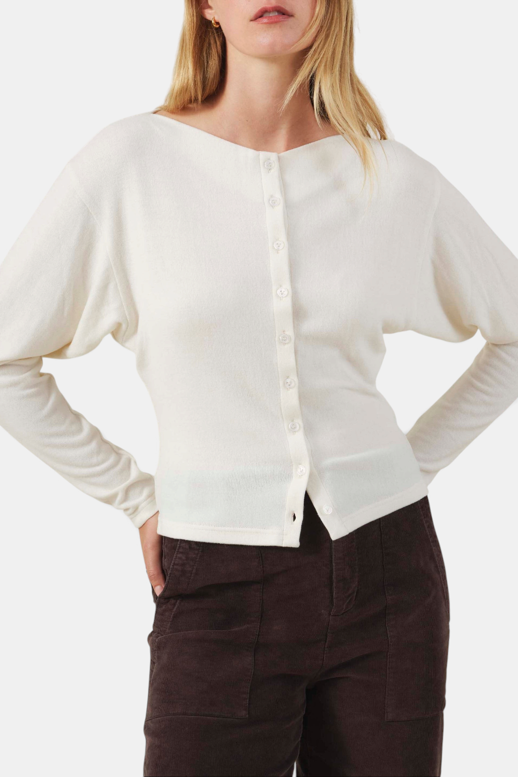 The Copper Shed Jordan fine-gauge cream knit cardigan with round neck, button front, and thumbhole sleeve details.