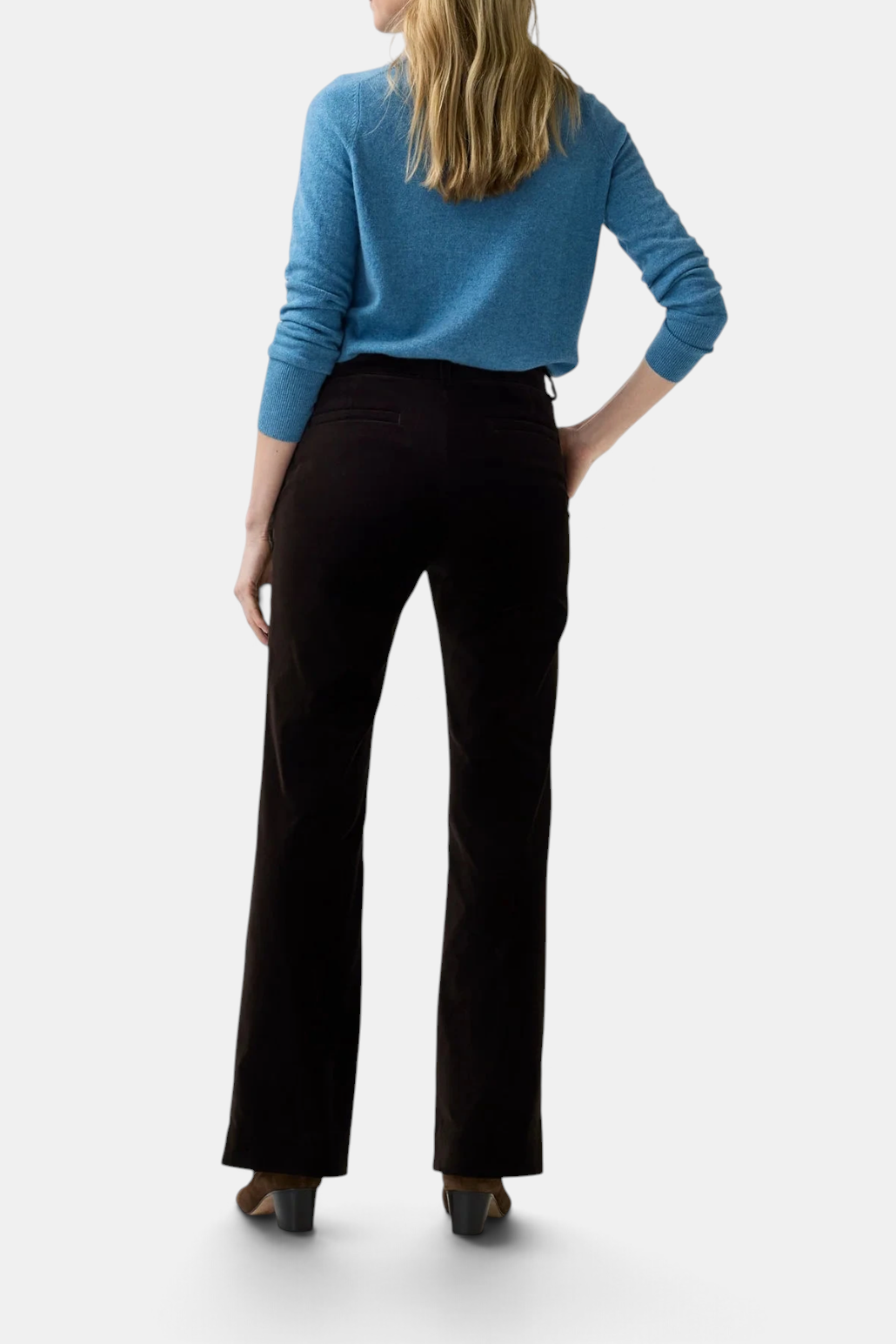 The Copper Shed Lindy high-rise slim fit trousers in black stretch cotton velveteen, back view.