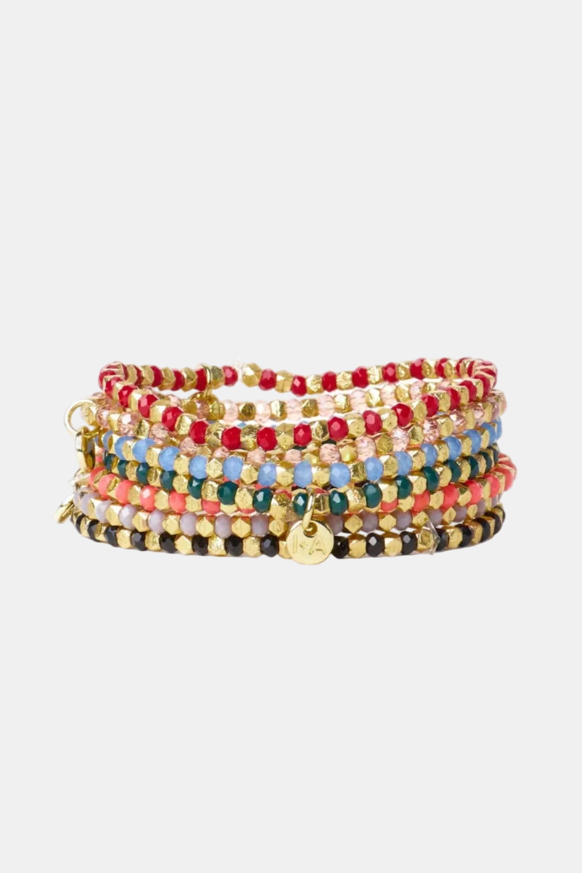 A stack of five beaded wrap bracelets with gold-tone metal and multicolor faceted beads, displayed on a clean white background.