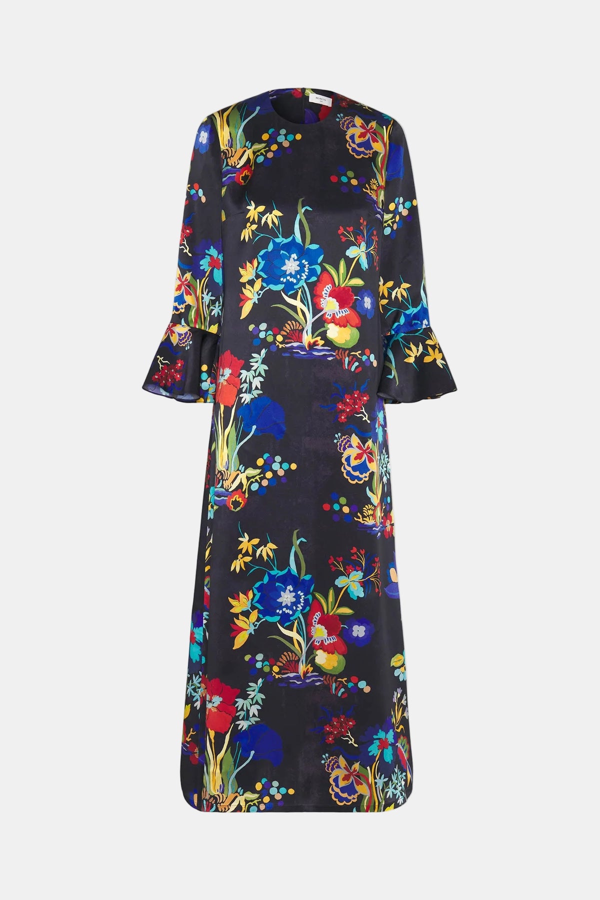 A long-sleeved midi dress with a vibrant multicolor floral print on a black satin-like background, displayed against a solid white studio background.