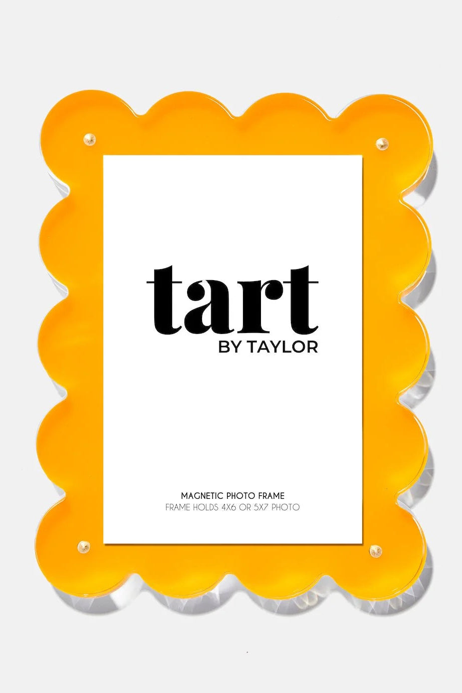 Yellow magnetic photo frame with 'tart by Taylor' branding on a white background