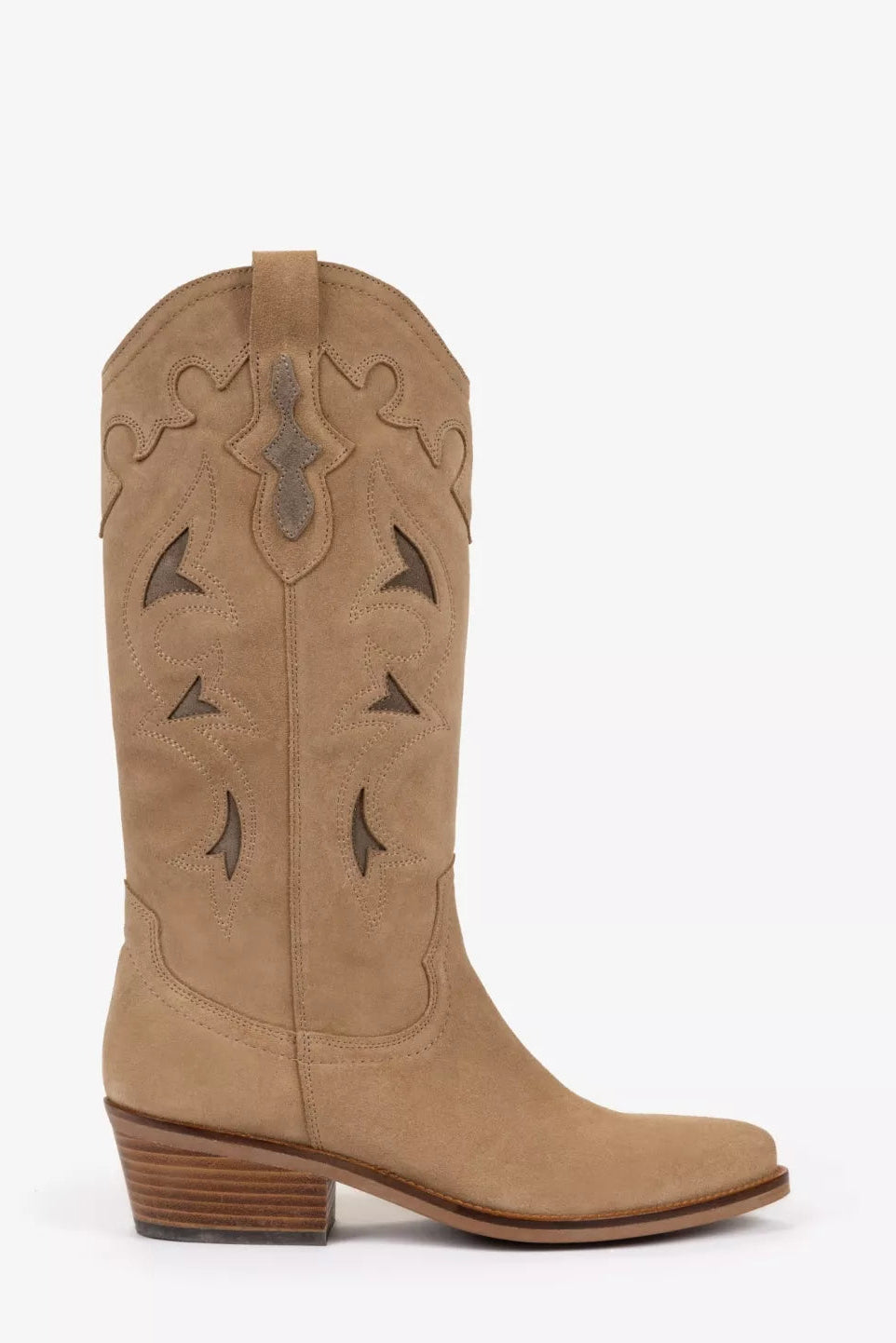 Tan cowboy boot with decorative patterns on a white background