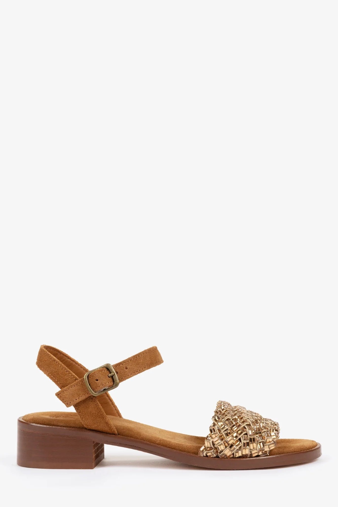 A single women's heeled sandal in tan suede with a woven gold-toned toe strap and a low block heel, shown in profile against a plain white background.