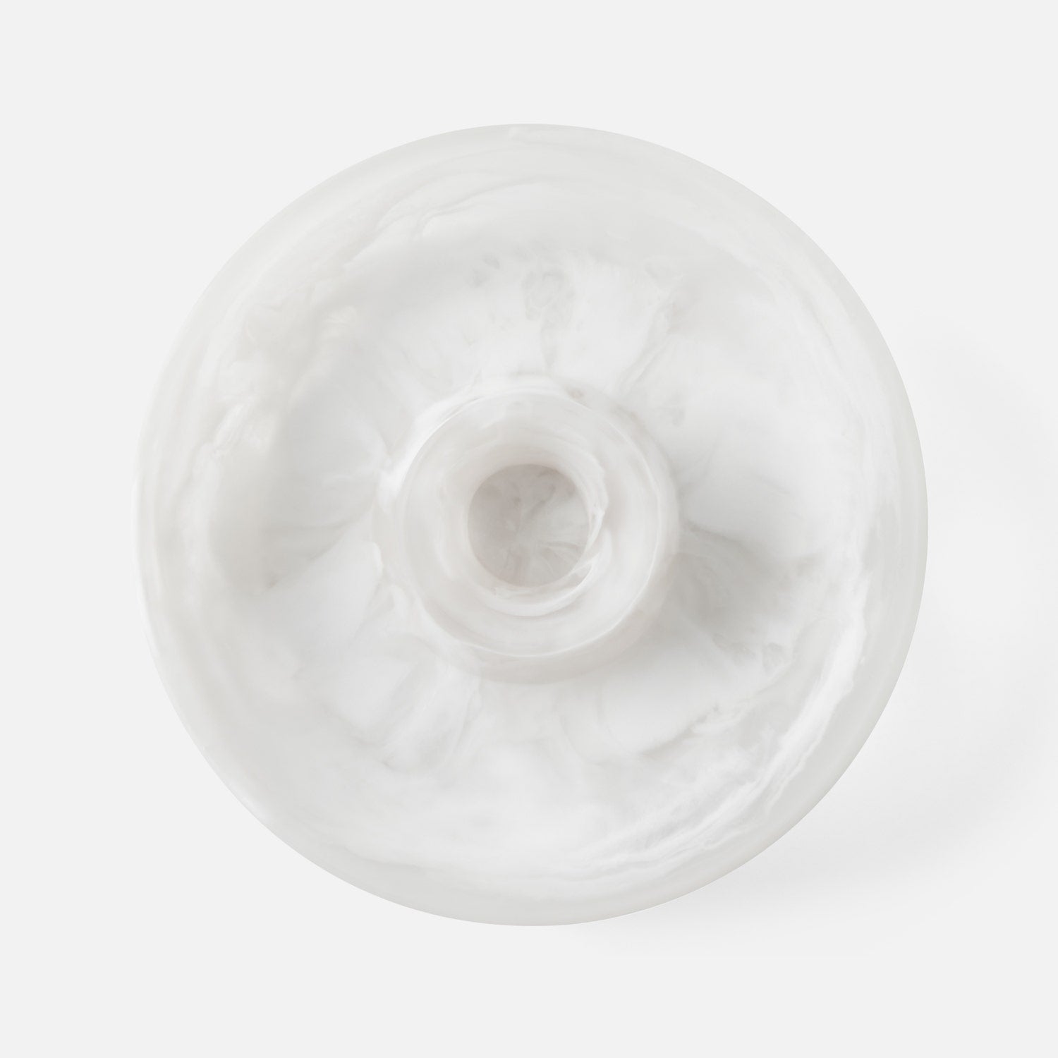 A round white glass vase with a central neck and subtle marbled gray veining, photographed from directly above on a clean white background.
