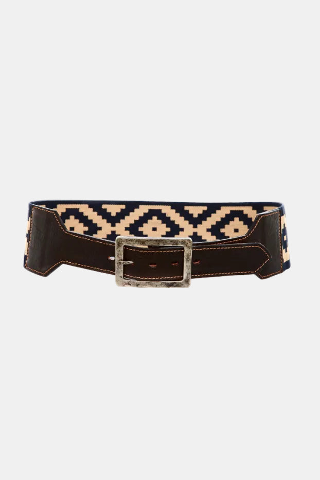 Wide belt with geometric pattern and metal buckle on a white background