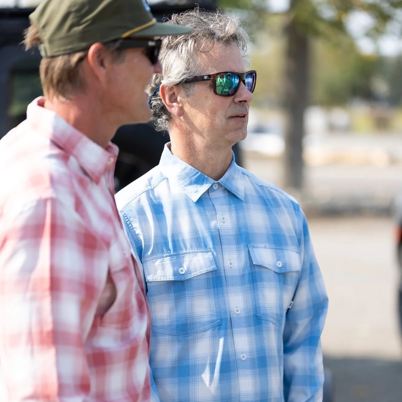 The 3bird Kingfisher LS Shirt in blue and white plaid, a lightweight performance stretch woven shirt with UPF 50+ protection.