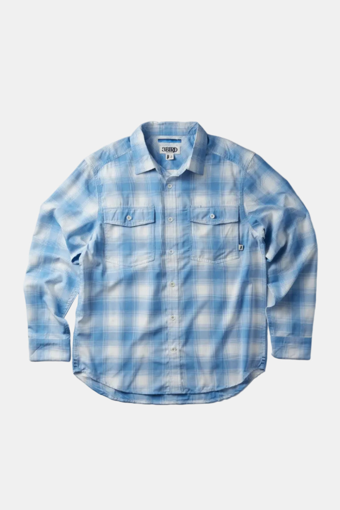 3bird Kingfisher LS Shirt in blue and white plaid. Lightweight, performance stretch woven shirt with UPF 50+ protection.