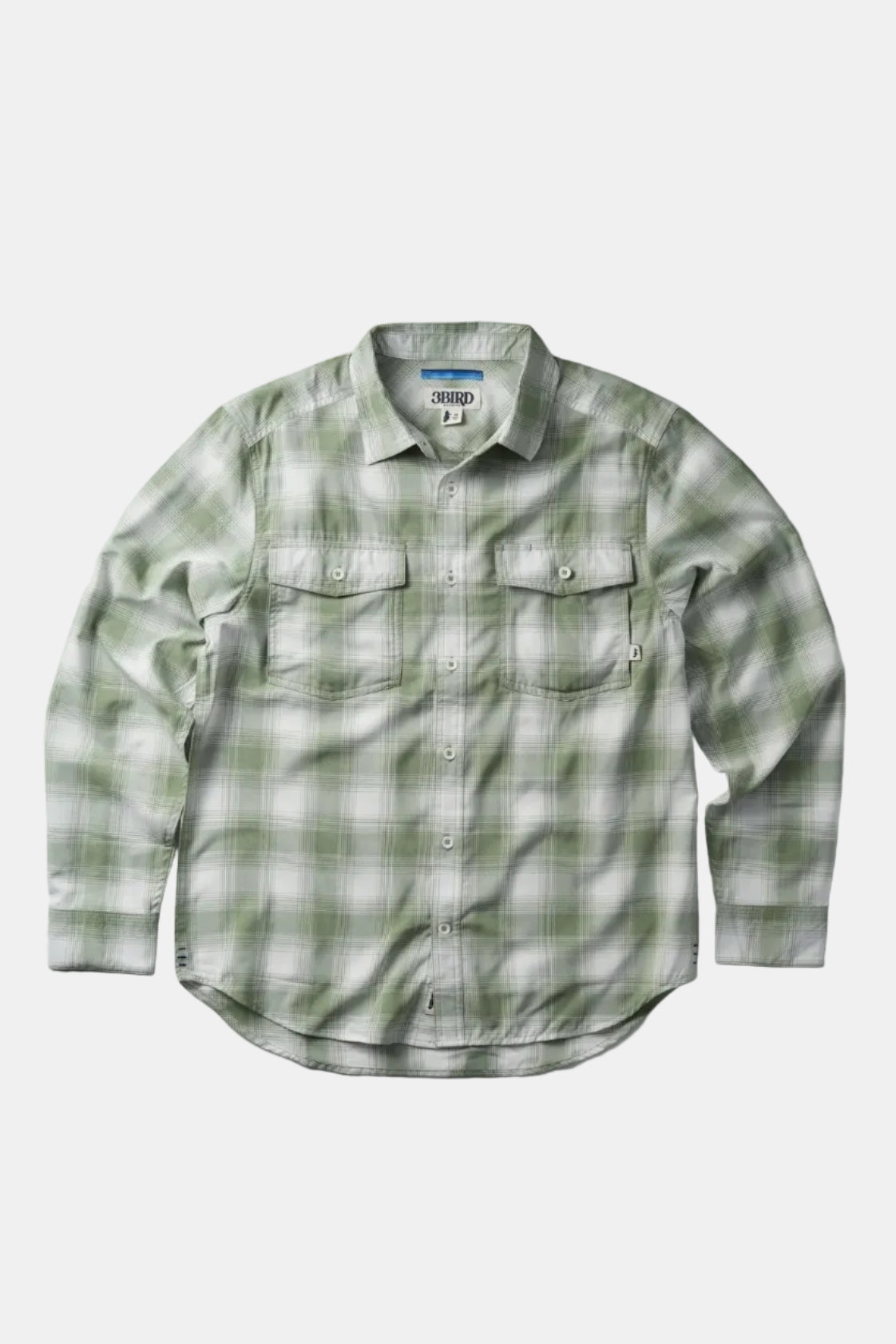 The 3bird Kingfisher LS Shirt in light green and white plaid. Lightweight performance stretch woven shirt with UPF 50+ protection.