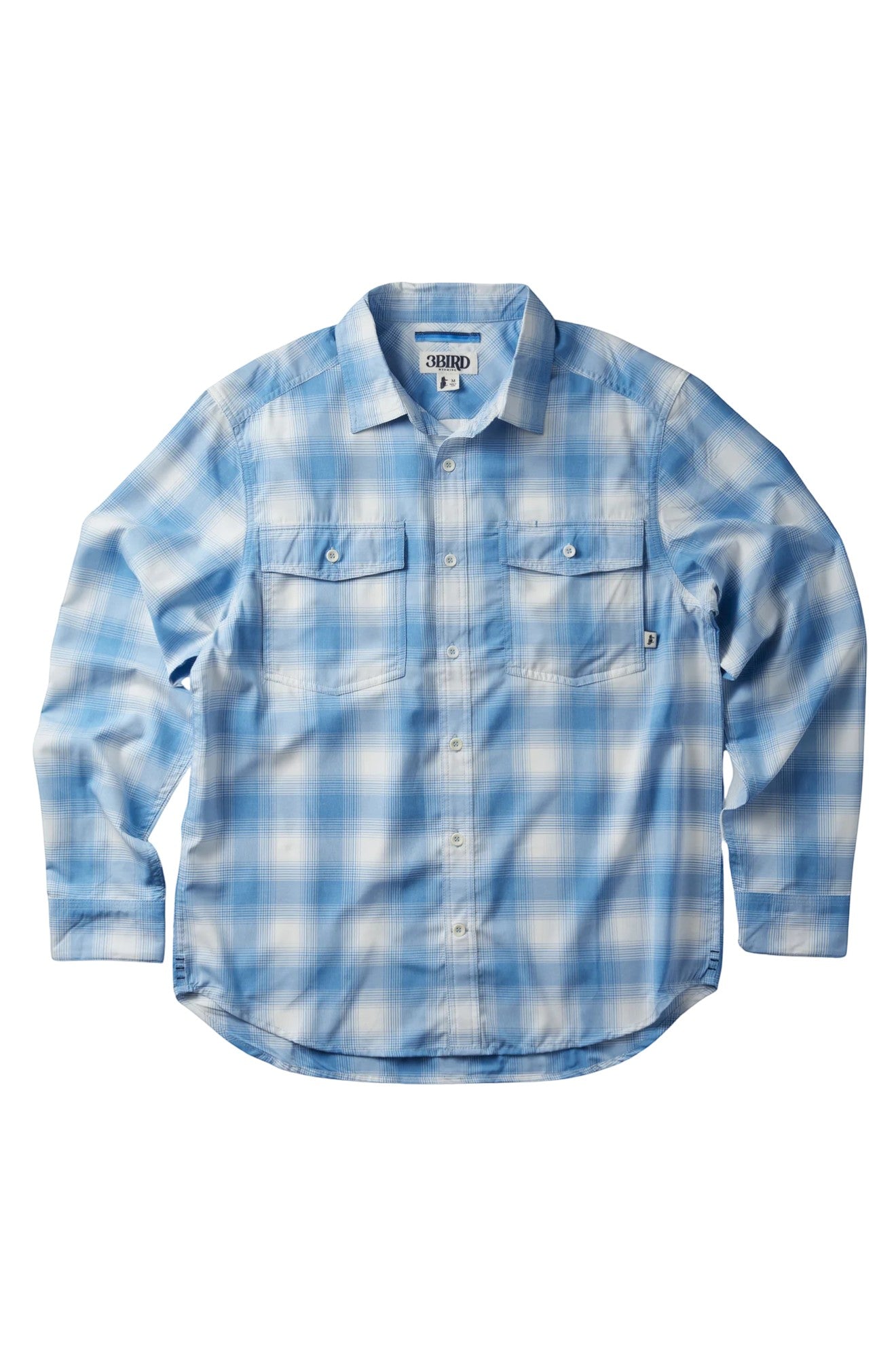 The 3bird Kingfisher LS Shirt: blue and white plaid performance stretch woven shirt with UPF 50+ sun protection.