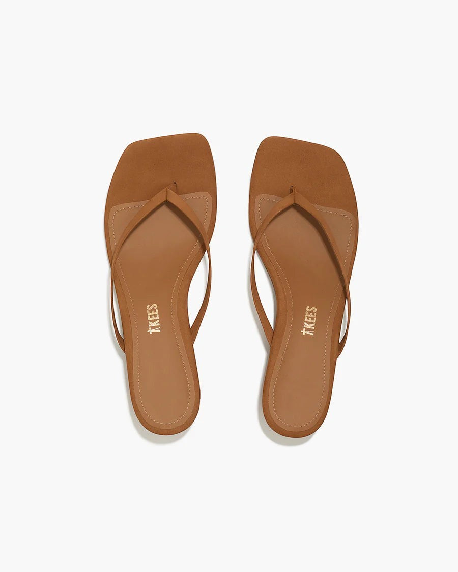 The TKEES Square Toe Julia Suede sandals in tan, featuring a thong strap and soft suede upper.
