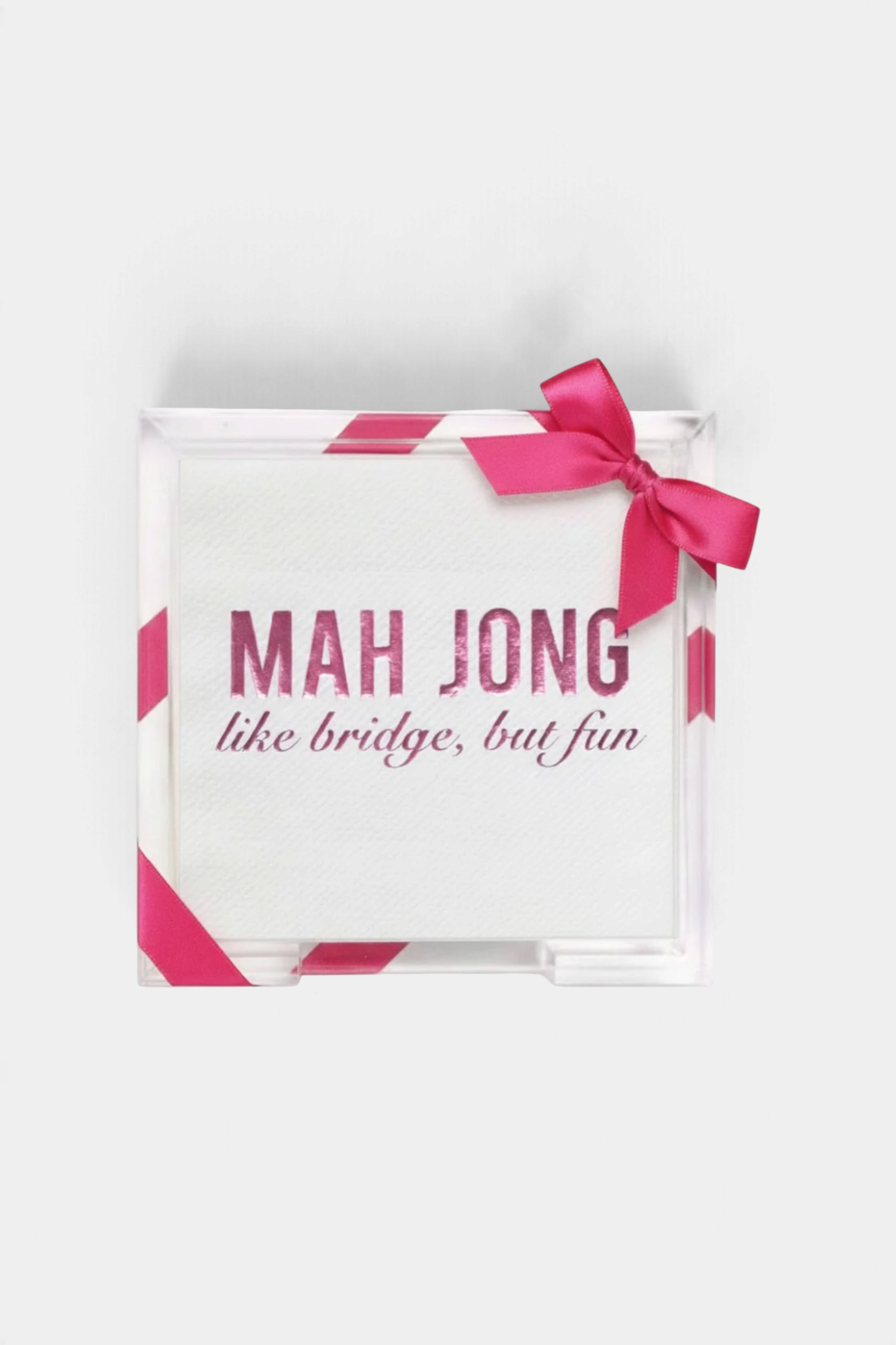 The Copper Shed acrylic hostess tray with white guest towels featuring Mah Jong foil embossed text and a pink bow.