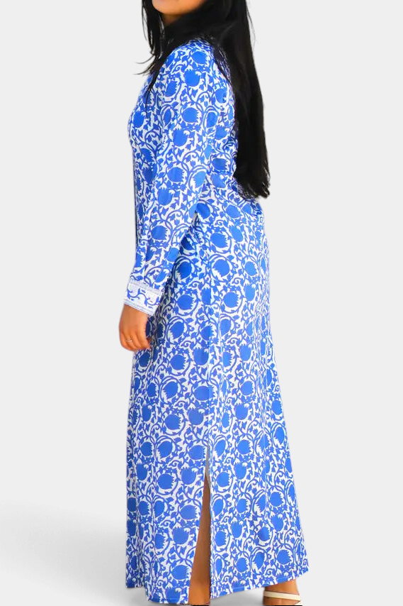 The Copper Shed Adriana maxi shirt dress in blue and white floral cotton with long sleeves and side slits
