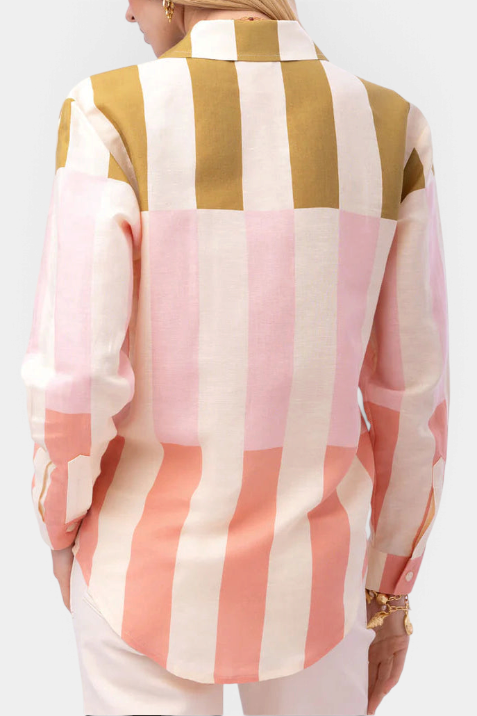 The Copper Shed Aida relaxed buttondown shirt in a multi-coloured Castillo stripe linen and cotton blend, back view.