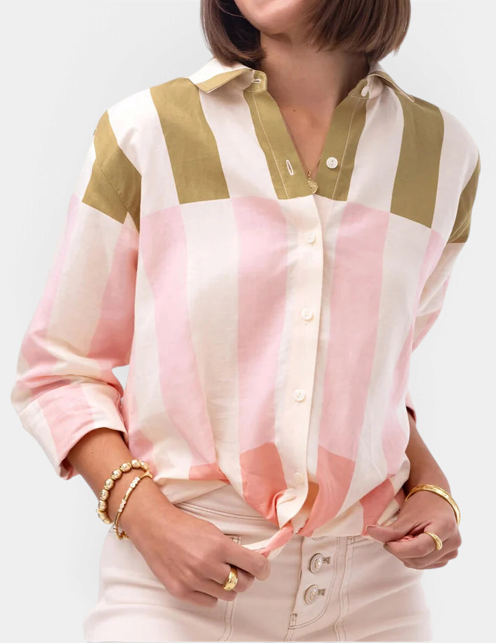 The Copper Shed Aida relaxed buttondown shirt in a pink and olive Castillo stripe linen-cotton blend with long sleeves