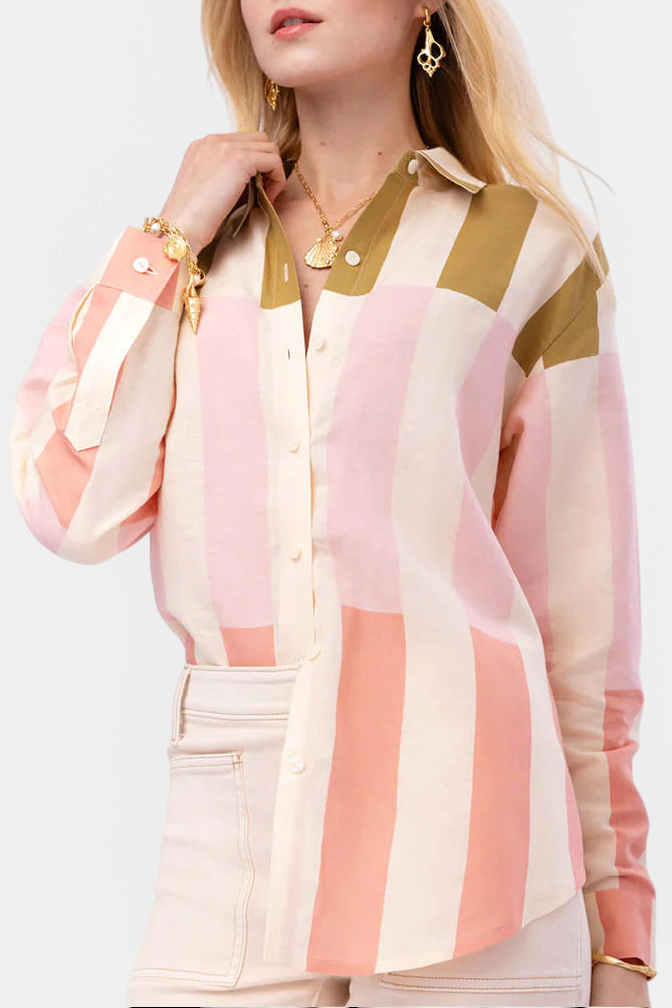 The Copper Shed Aida relaxed buttondown shirt in a pink, olive, and cream Castillo stripe linen-cotton blend.