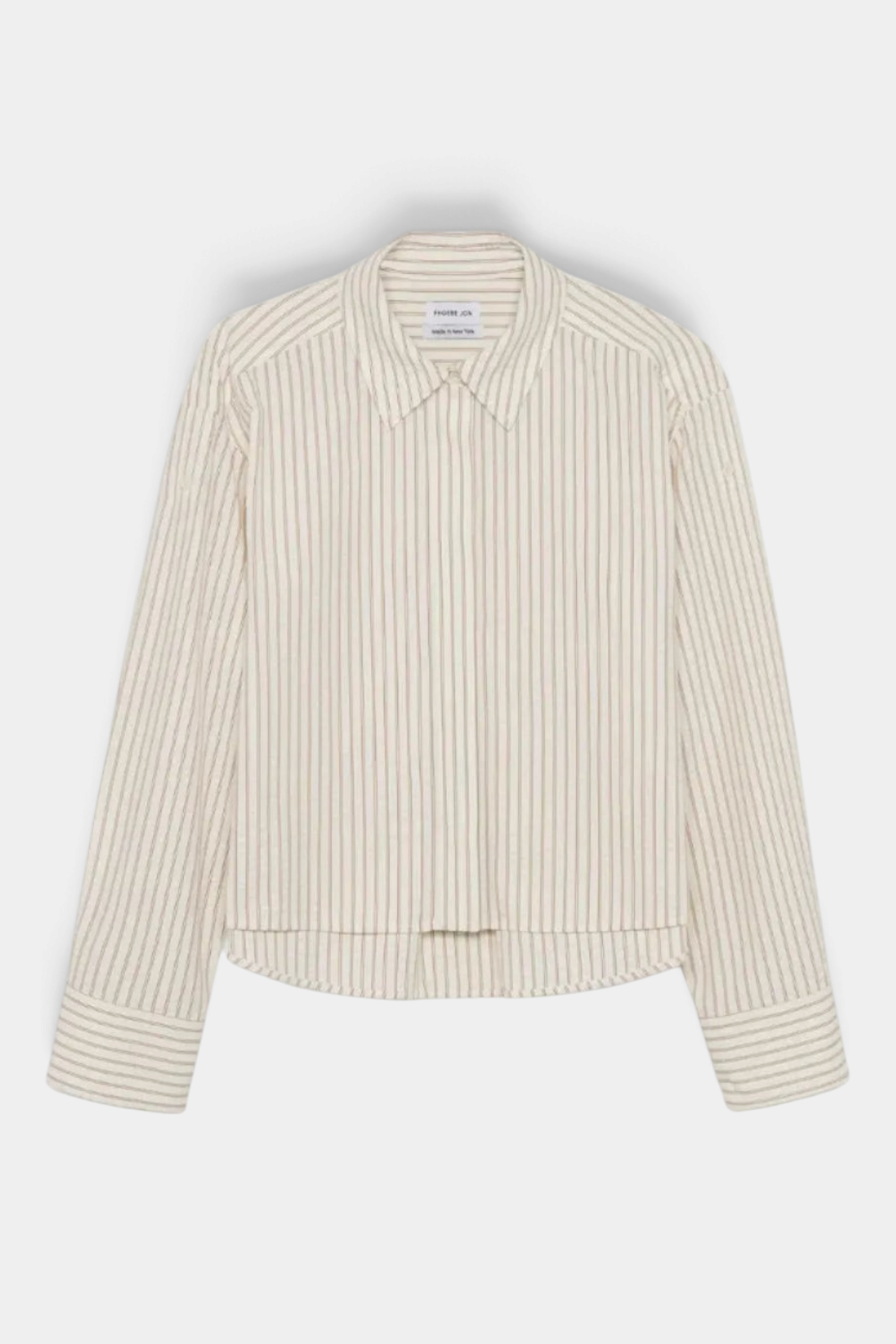 The Copper Shed Alex cropped high-low shirt in cream and brown striped seersucker cotton with roll-tab sleeves
