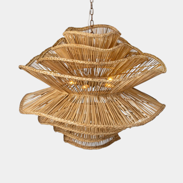 The Copper Shed Alondra chandelier featuring six layered, wavy rattan tiers in a natural light brown finish.