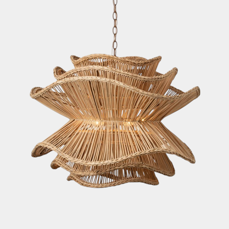 The Copper Shed Alondra Chandelier featuring six layers of natural rattan in a floral-inspired wavy design.