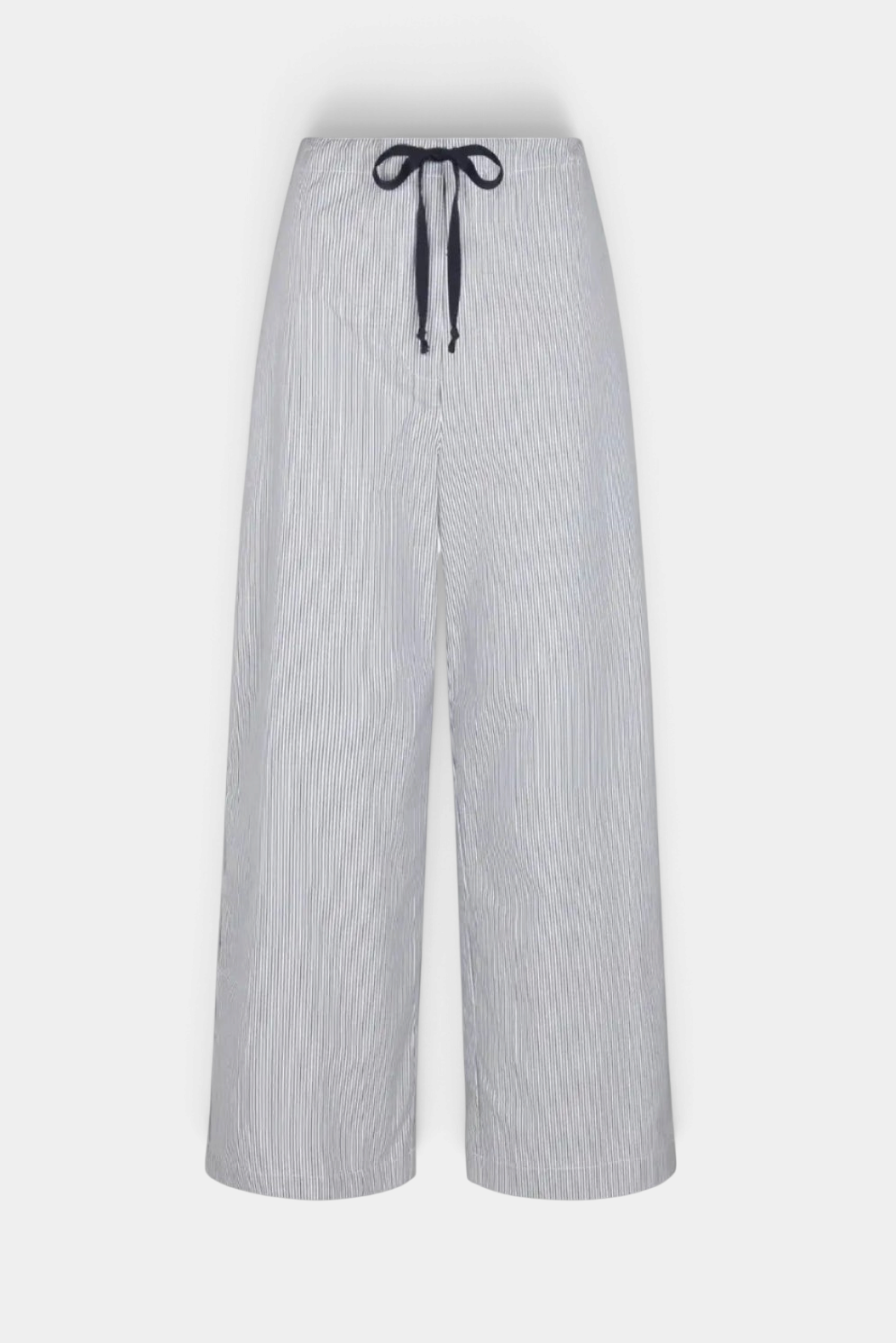 The Copper Shed Alyssa straight-leg cotton pants in white with thin blue vertical stripes and a navy drawstring waist.