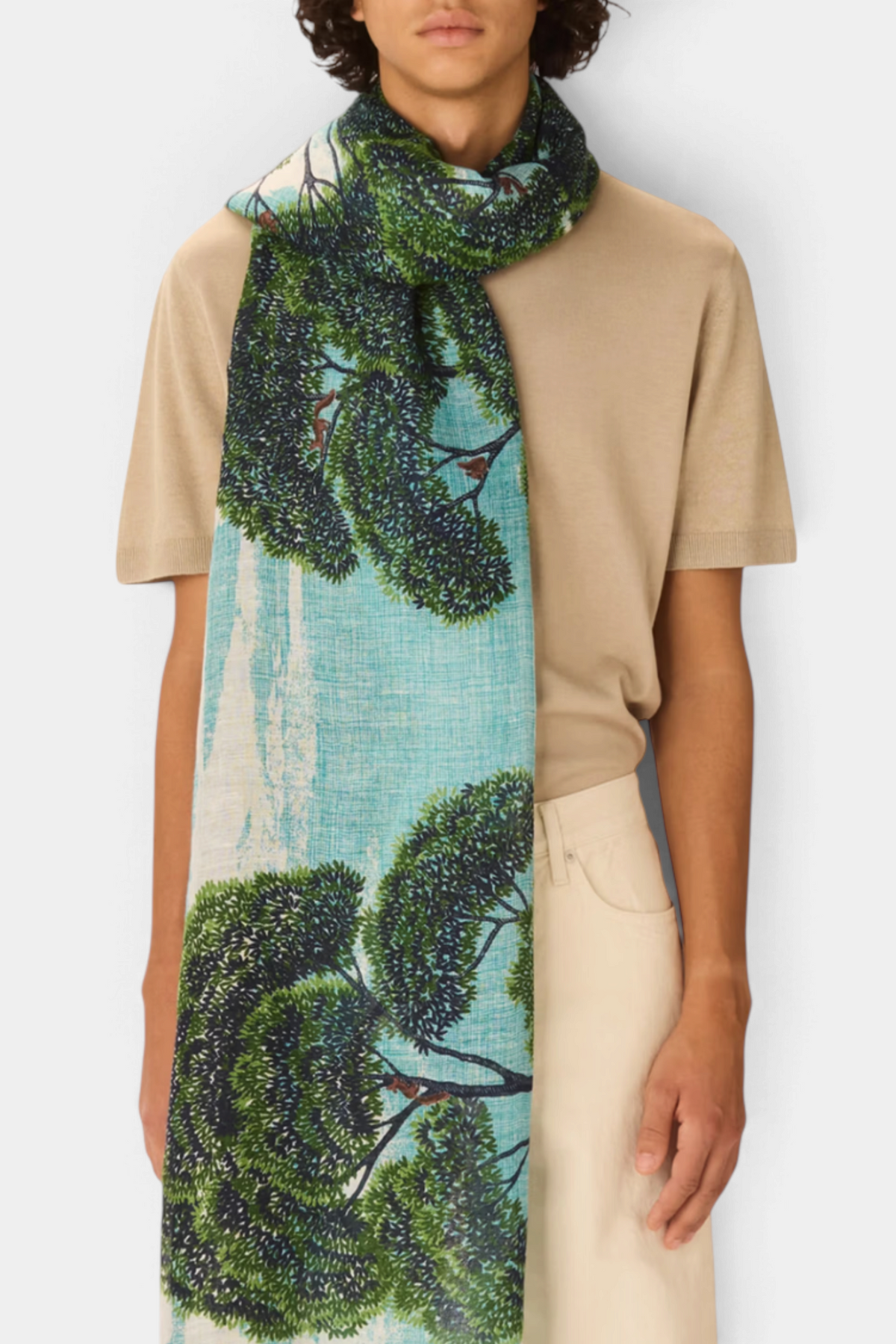 The Copper Shed Ambroise scarf in linen and cotton blend with a hand-printed green tree landscape design