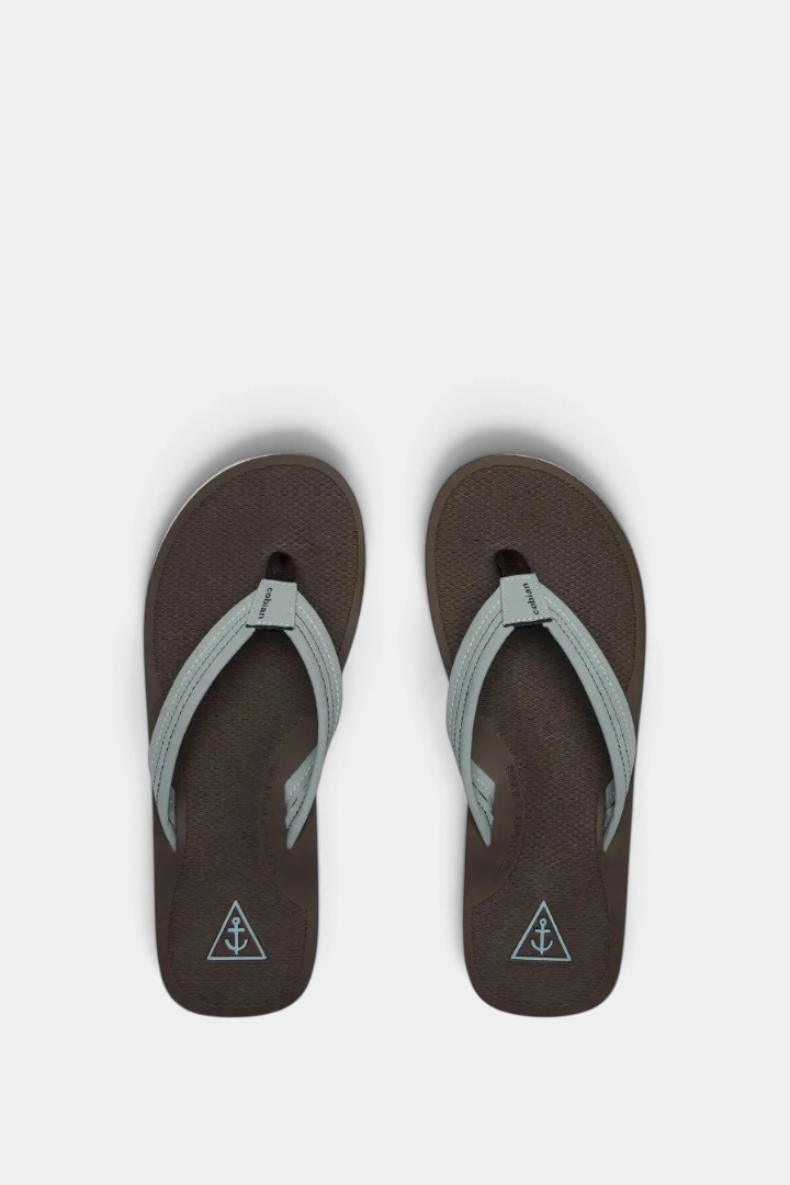 The Copper Shed Anchor beach and boat flip flop sandals in brown with light blue straps and anchor logo detail.