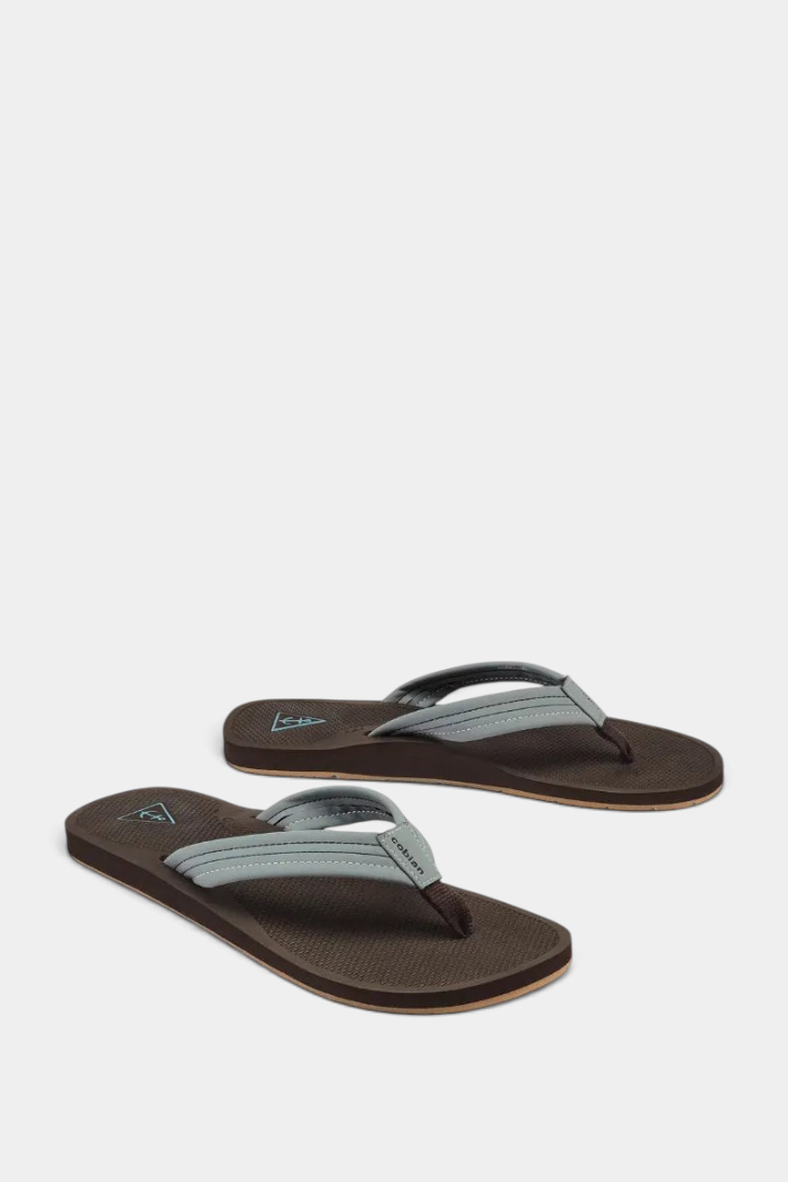 The Copper Shed Anchor water-friendly flip flop sandals in brown and grey with a diamond-patterned grip footbed.