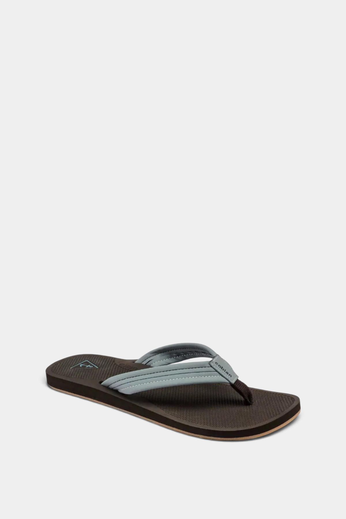 The Copper Shed Anchor beach flip flop with a grey synthetic leather strap and brown diamond-patterned EVA footbed.