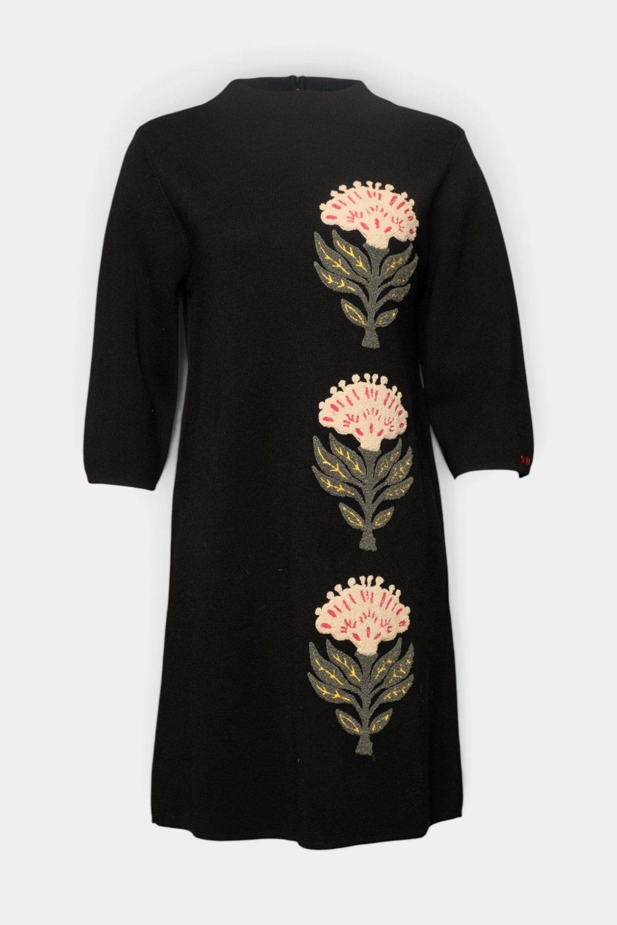 The Copper Shed Annie merino wool-blend mini dress in black with three-quarter sleeves and floral embroidery.