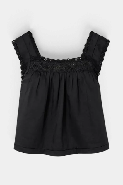 The Copper Shed Aphra top in black ramie fabric with delicate crochet trim on the square neckline and flutter sleeves.