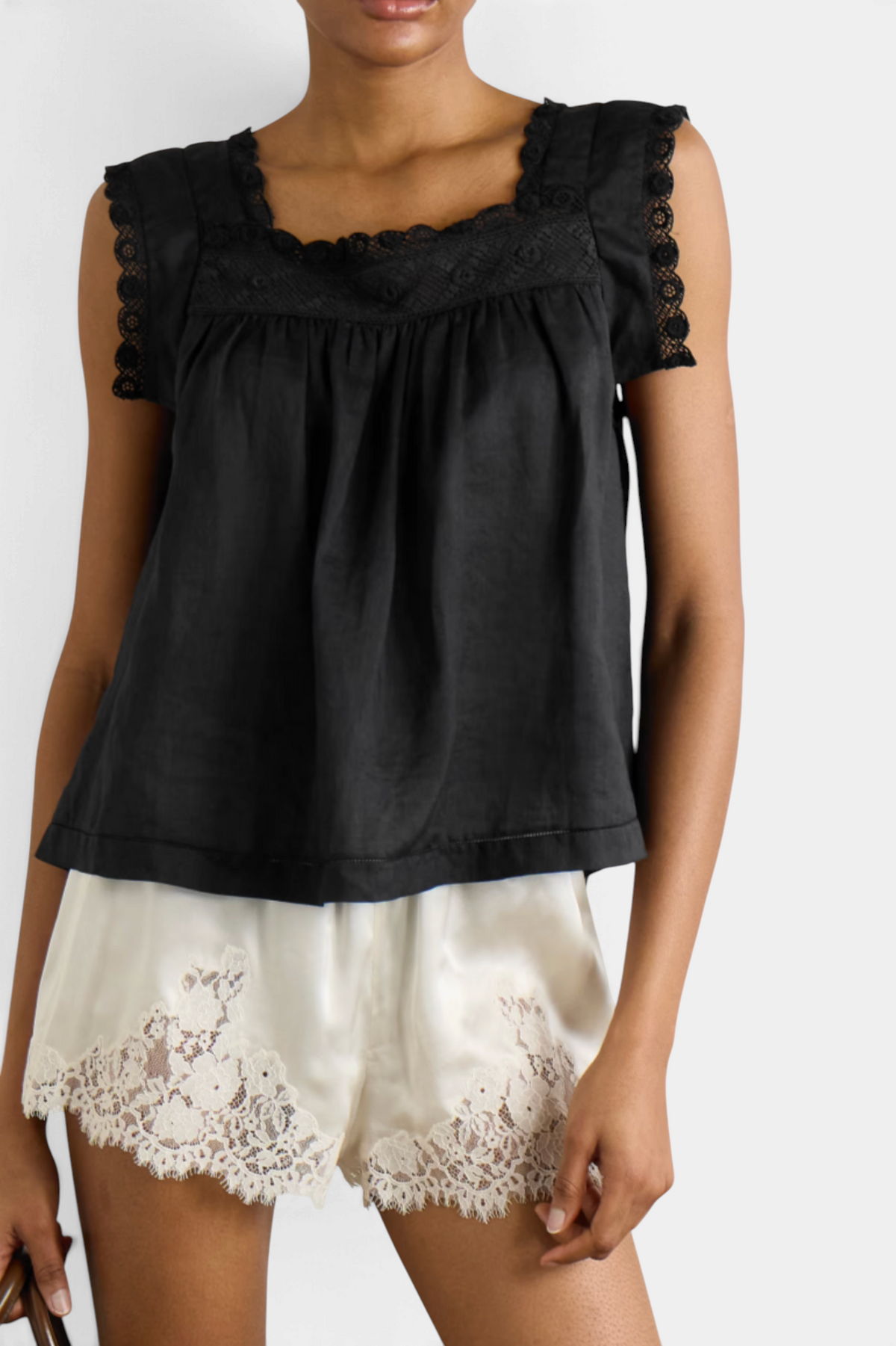 The Copper Shed Aphra top in black ramie featuring delicate crochet trim on the yoke and sleeves in a relaxed fit.