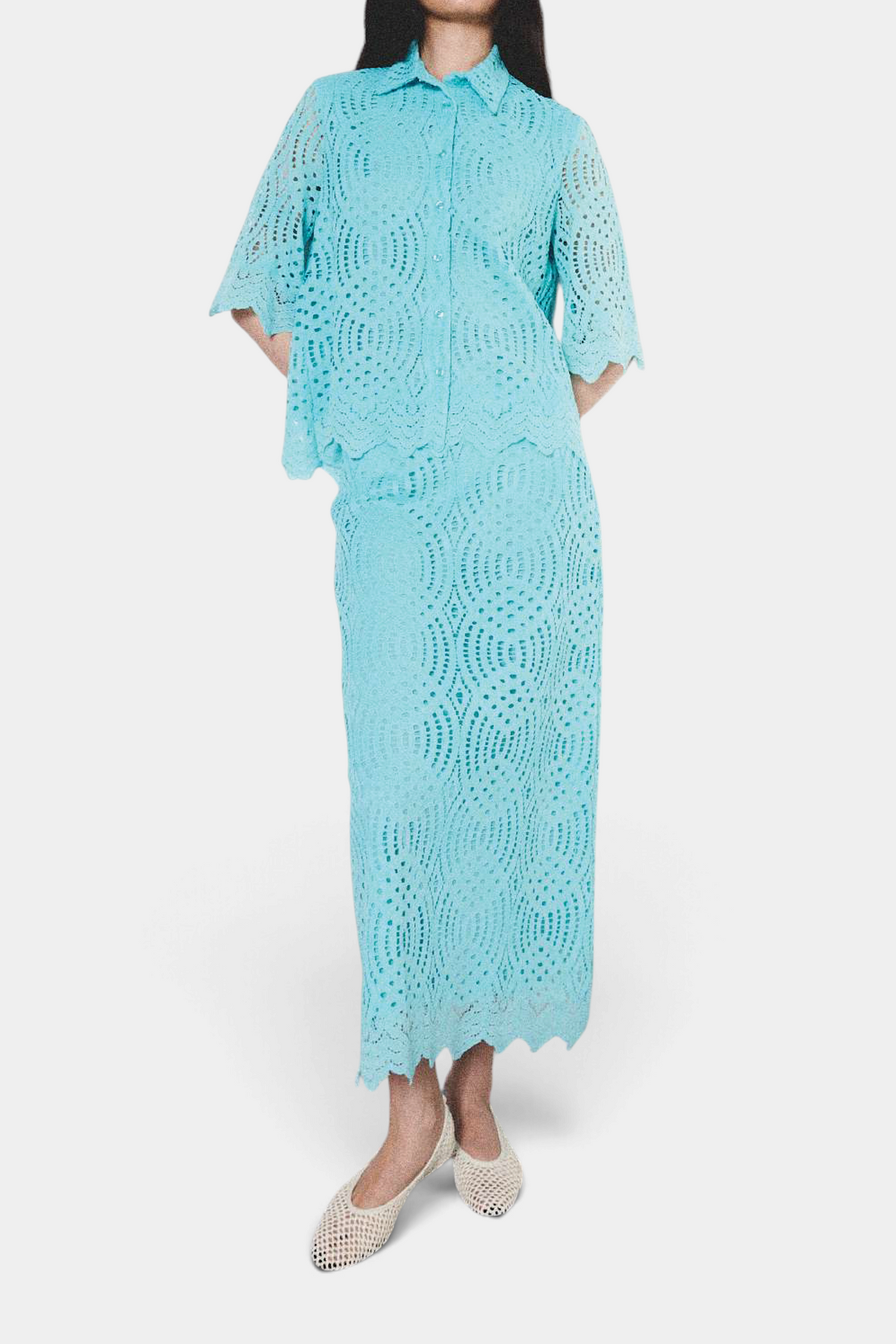 The Copper Shed aqua blue lace collared blouse and matching midi skirt set with intricate scalloped hem details.