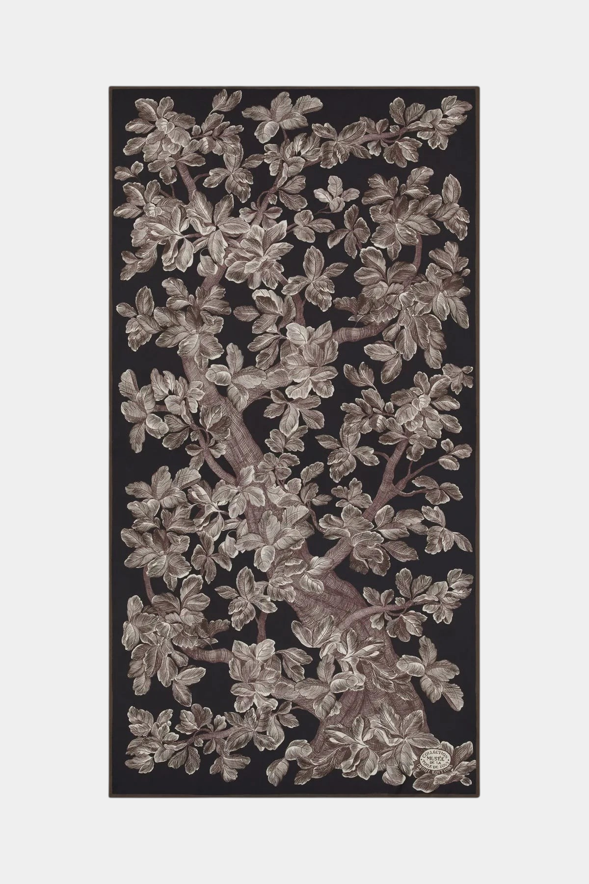 The Copper Shed Arboris black wool scarf featuring a detailed botanical tree print with intricate leaf patterns.