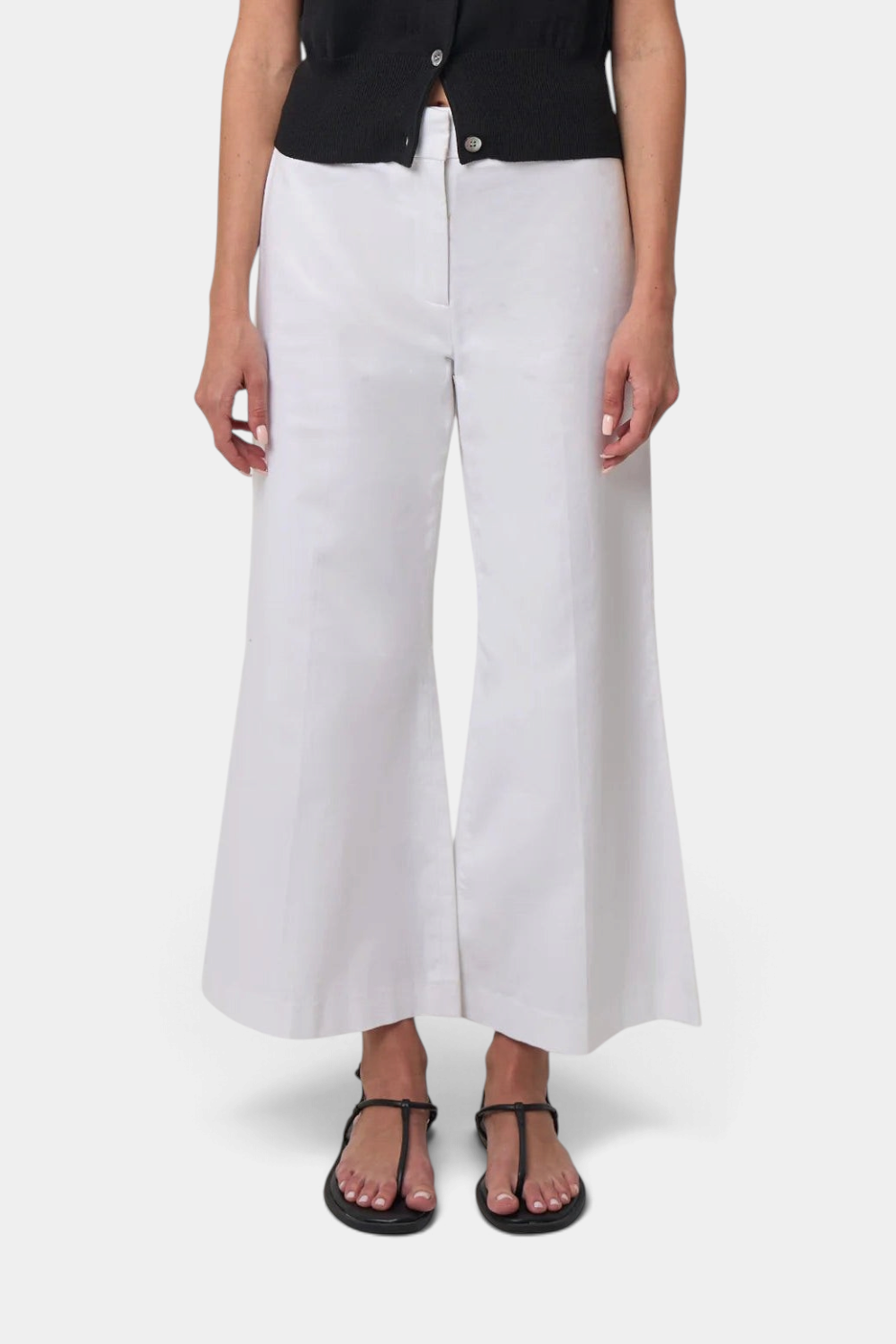 The Copper Shed Aria cropped wide-leg pants in white cotton twill with a high-rise waist and clean front design.