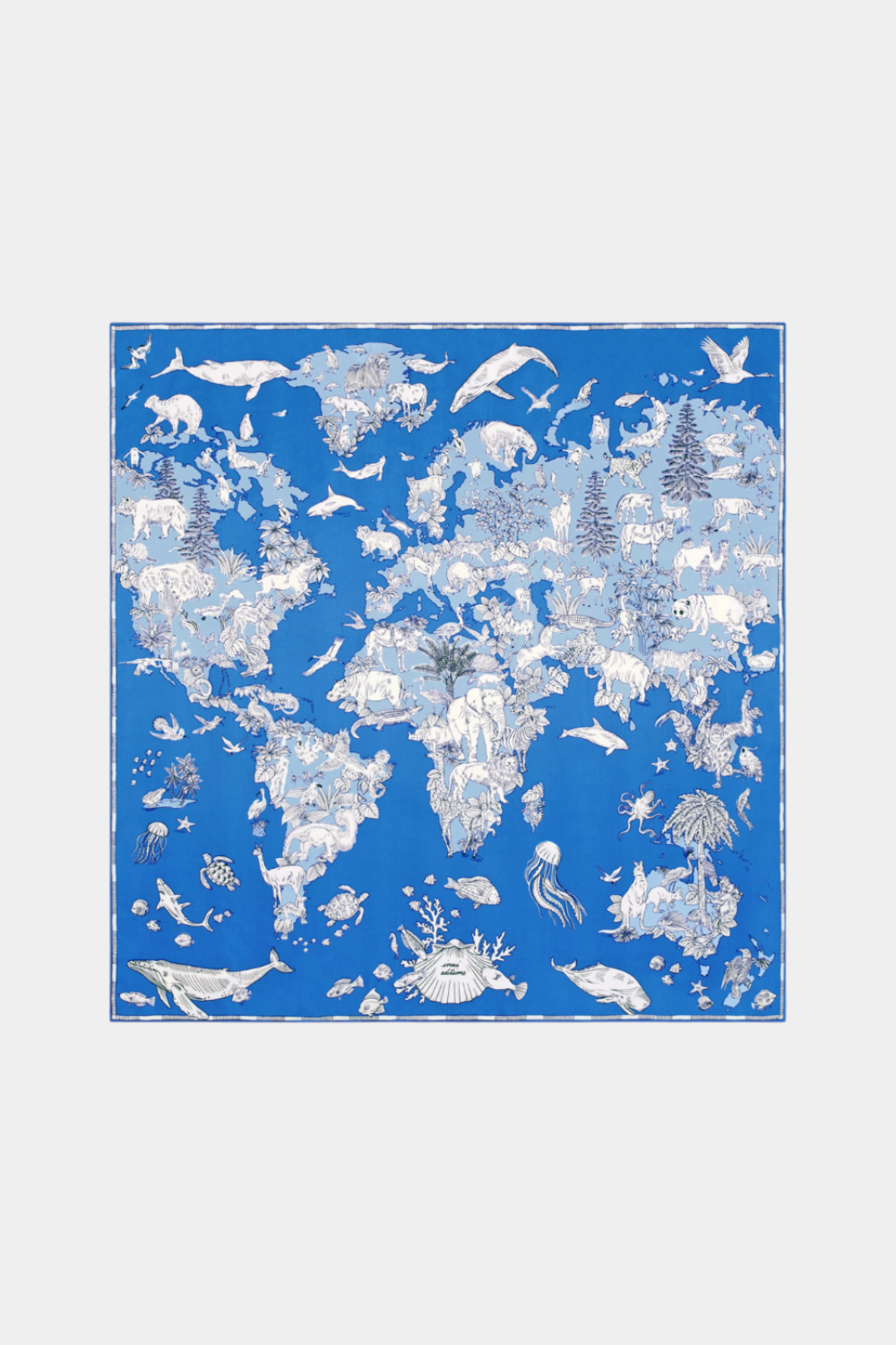 The Copper Shed Square 70 Atlas silk scarf in blue with a detailed white world map print featuring various animals.