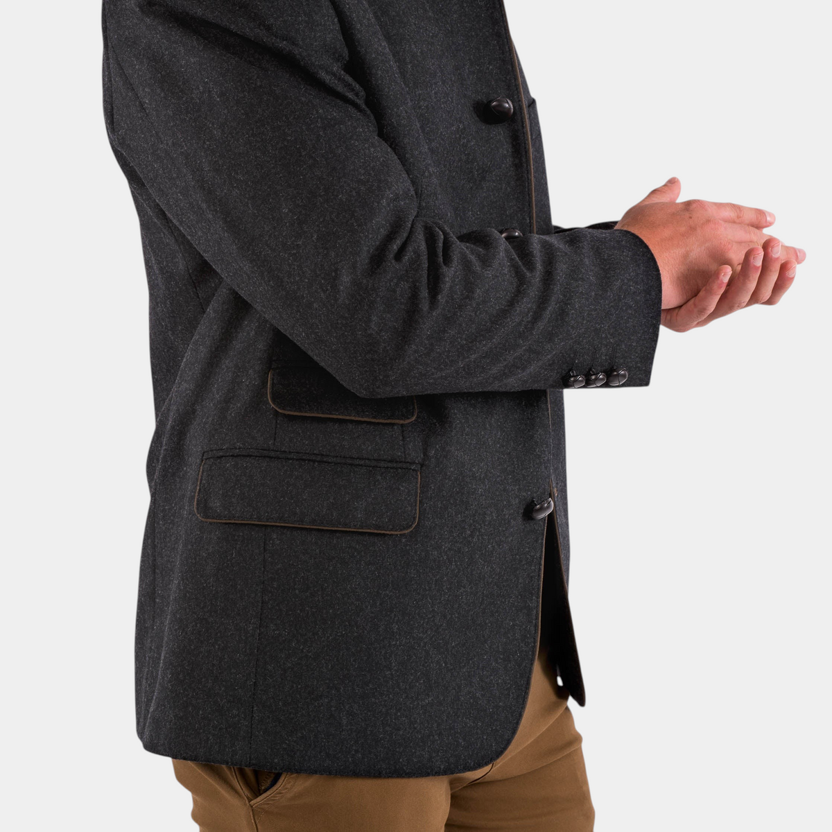 The Copper Shed Edward classic Austrian jacket in dark grey wool with a suede mandarin collar and leather buttons.